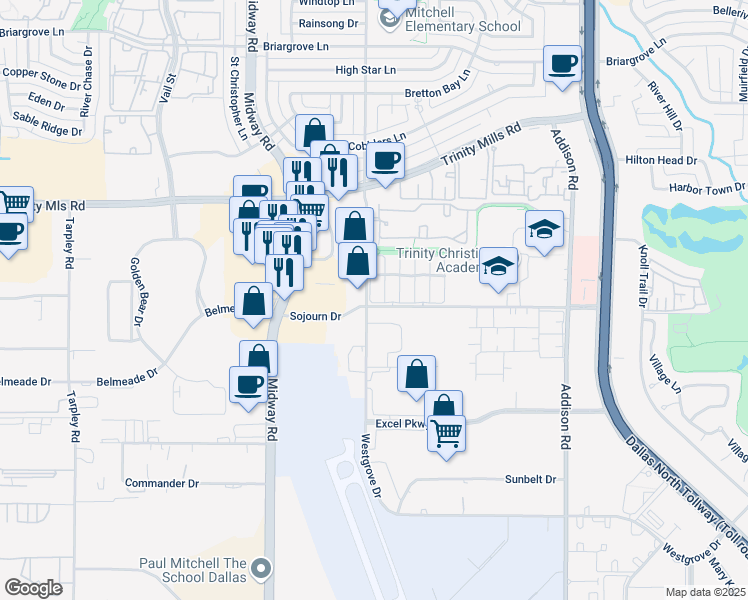 map of restaurants, bars, coffee shops, grocery stores, and more near 17000 Westgrove Drive in Addison