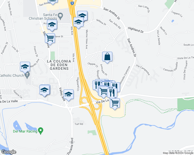 map of restaurants, bars, coffee shops, grocery stores, and more near 1043 Reliance Way in Del Mar