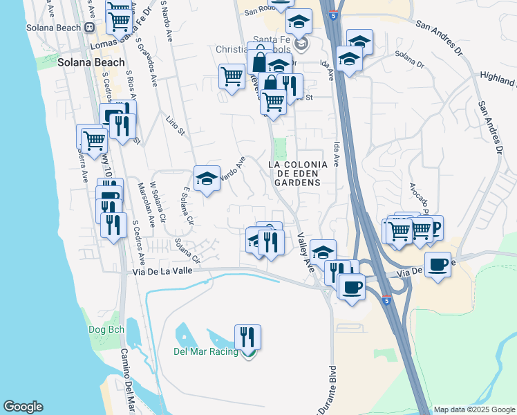 map of restaurants, bars, coffee shops, grocery stores, and more near 473 Bay Meadows Way in Solana Beach