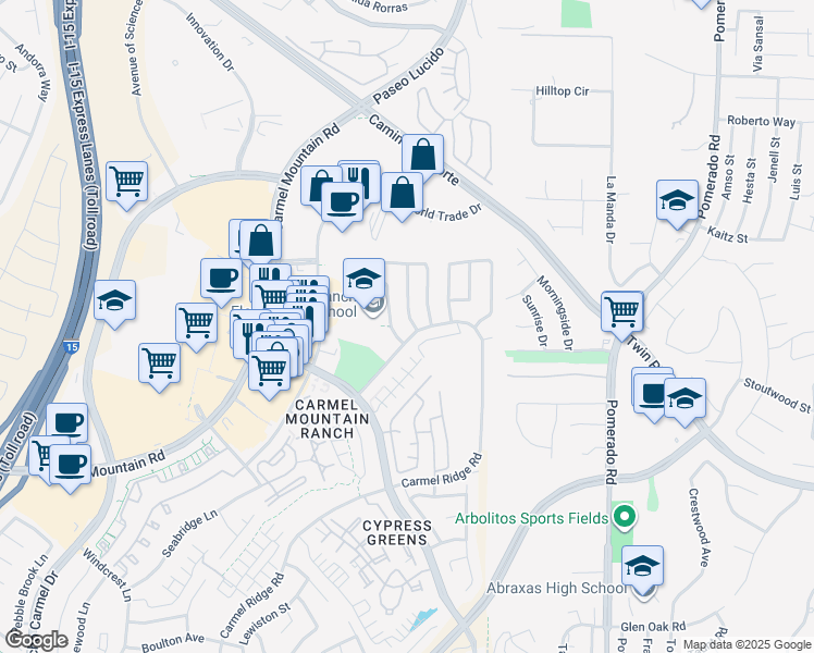 map of restaurants, bars, coffee shops, grocery stores, and more near 14813 Waverly Downs Way in San Diego