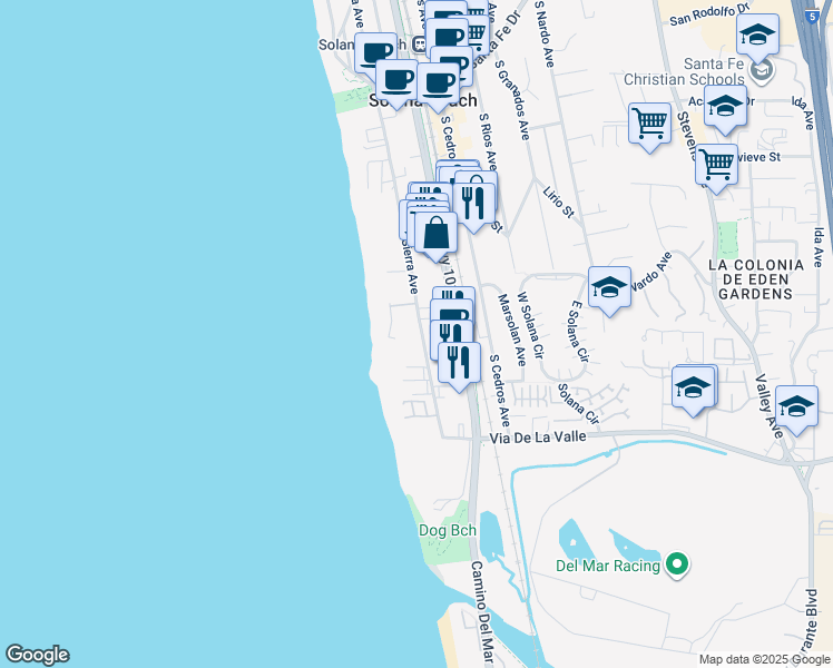 map of restaurants, bars, coffee shops, grocery stores, and more near 675 South Sierra Avenue in Solana Beach