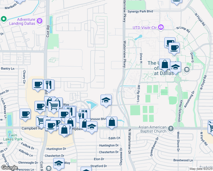 map of restaurants, bars, coffee shops, grocery stores, and more near 1110 Cullum Street in Richardson