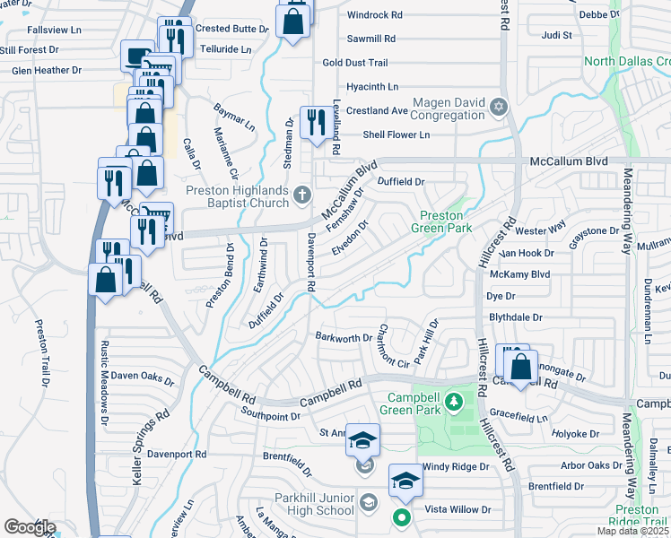 map of restaurants, bars, coffee shops, grocery stores, and more near 6614 Duffield Drive in Dallas