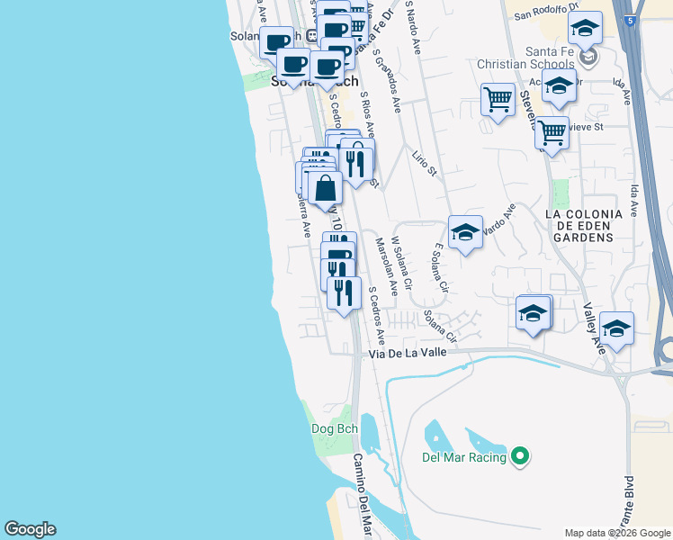 map of restaurants, bars, coffee shops, grocery stores, and more near 635 Highway 101 in Solana Beach