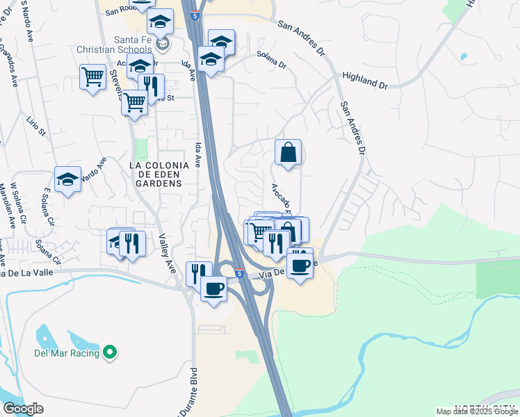 map of restaurants, bars, coffee shops, grocery stores, and more near 1035 Reliance Way in Del Mar