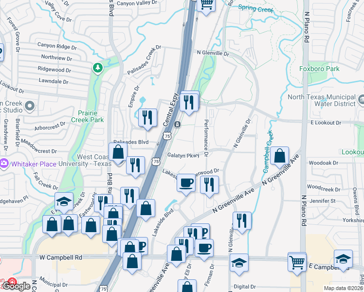 map of restaurants, bars, coffee shops, grocery stores, and more near 2305 Plaza Boulevard in Richardson