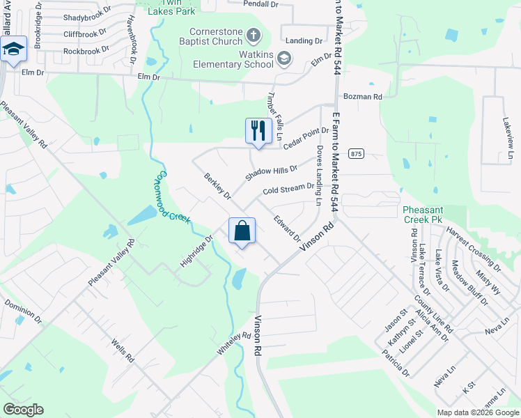 map of restaurants, bars, coffee shops, grocery stores, and more near 1904 Edward Drive in Wylie