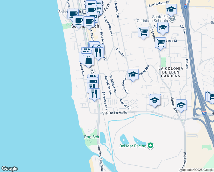 map of restaurants, bars, coffee shops, grocery stores, and more near 707 Marsolan Avenue in Solana Beach