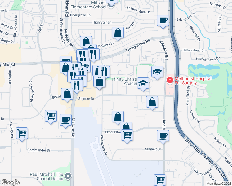 map of restaurants, bars, coffee shops, grocery stores, and more near 17007 Upper Bay Road in Addison