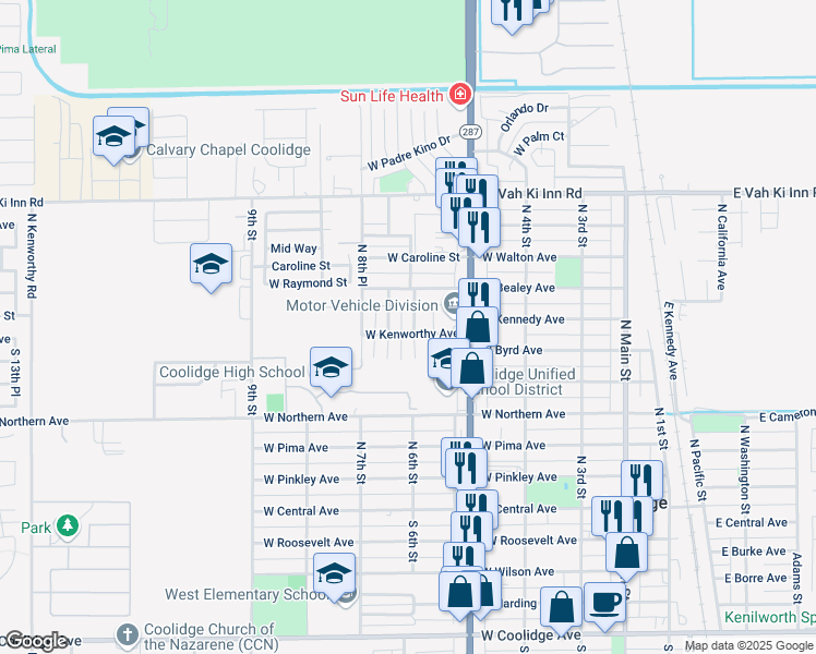 map of restaurants, bars, coffee shops, grocery stores, and more near 616 North 6th Place in Coolidge