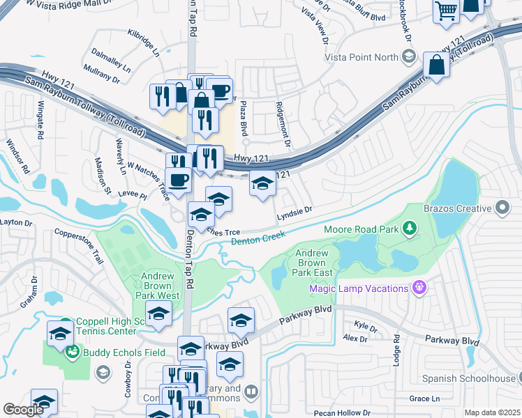 map of restaurants, bars, coffee shops, grocery stores, and more near 250 Natches Trace in Coppell