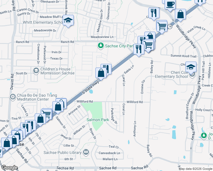 map of restaurants, bars, coffee shops, grocery stores, and more near 6910 Texas 78 in Sachse