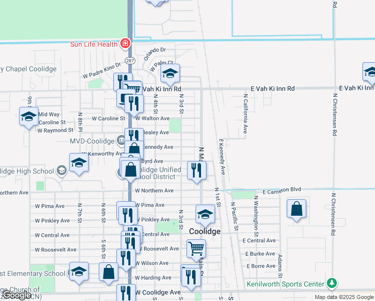map of restaurants, bars, coffee shops, grocery stores, and more near 253 West Kennedy Avenue in Coolidge