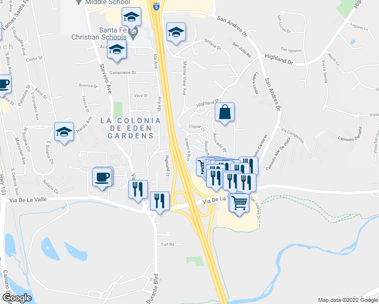 map of restaurants, bars, coffee shops, grocery stores, and more near America Way in Del Mar