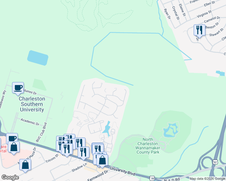 map of restaurants, bars, coffee shops, grocery stores, and more near 2472 Deer Ridge Lane in North Charleston