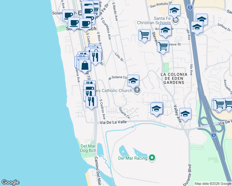 map of restaurants, bars, coffee shops, grocery stores, and more near 730 West Solana Circle in Solana Beach
