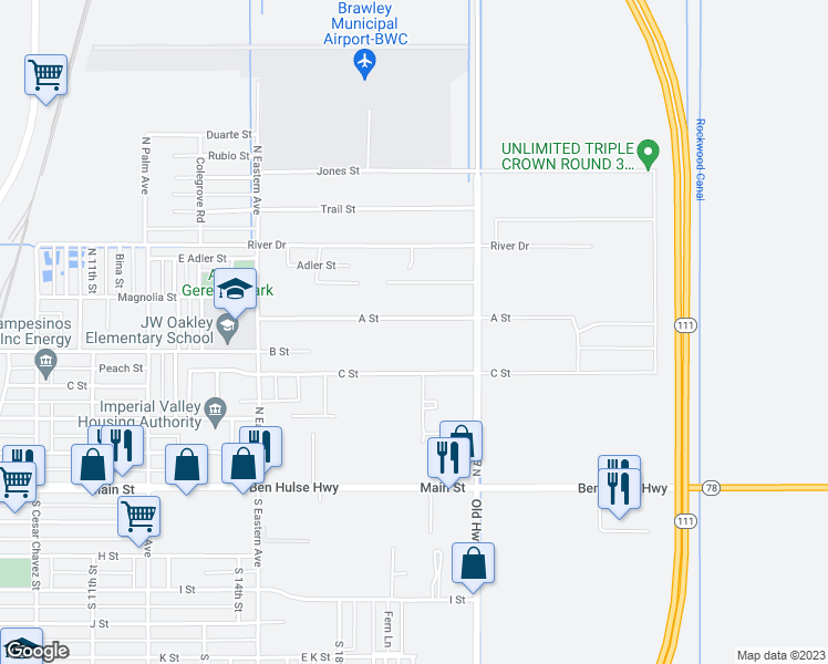 map of restaurants, bars, coffee shops, grocery stores, and more near A Trail Street in Brawley