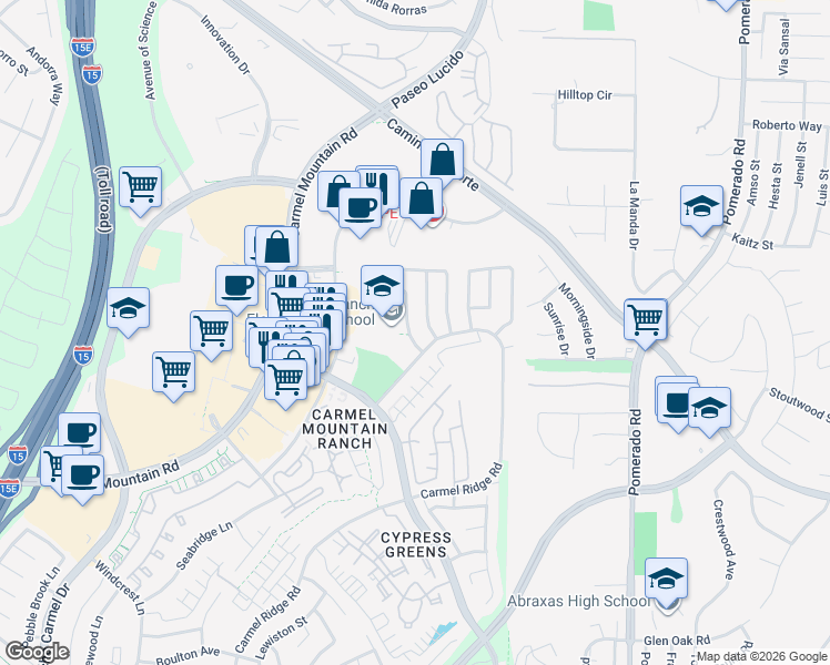 map of restaurants, bars, coffee shops, grocery stores, and more near 14813 Waverly Downs Way in San Diego