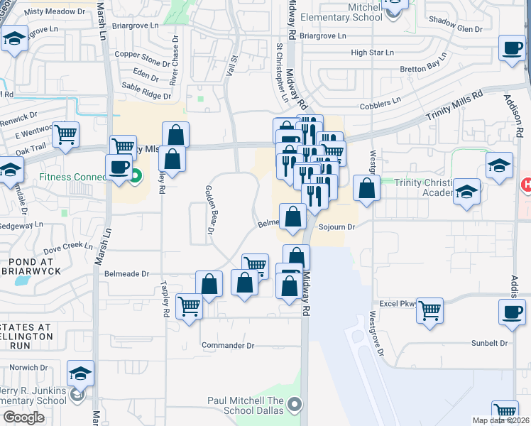 map of restaurants, bars, coffee shops, grocery stores, and more near 2508 Highlander Way in Carrollton