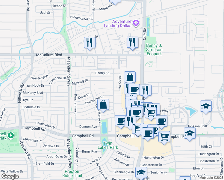 map of restaurants, bars, coffee shops, grocery stores, and more near 7736 Lone Moor Circle in Dallas