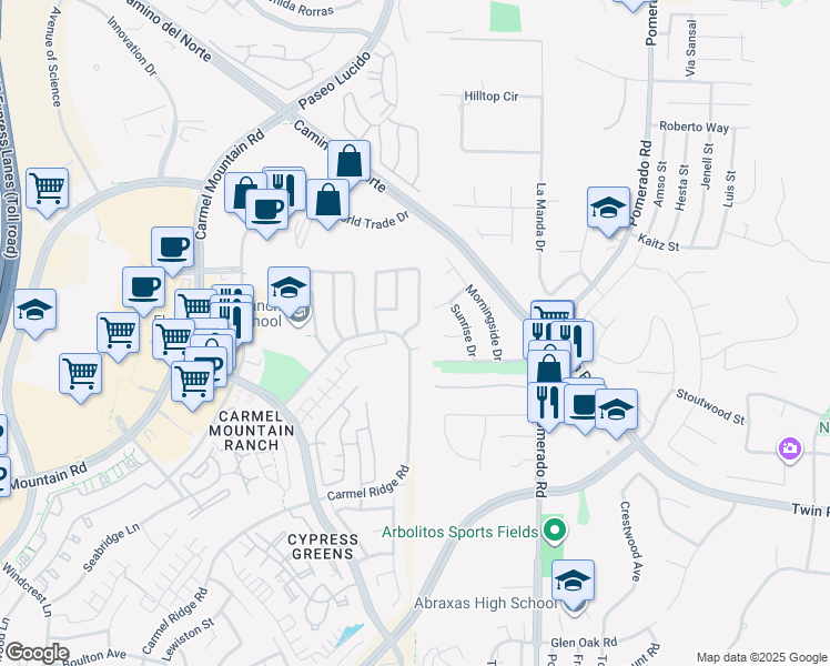 map of restaurants, bars, coffee shops, grocery stores, and more near 14811 Summerbreeze Way in San Diego