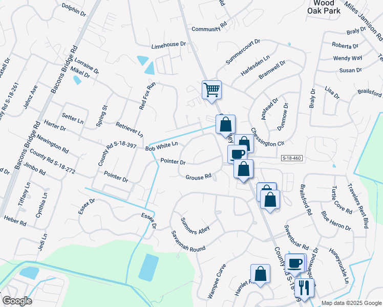map of restaurants, bars, coffee shops, grocery stores, and more near 102 Gambels Lane in Summerville