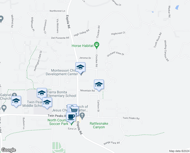map of restaurants, bars, coffee shops, grocery stores, and more near 14924 Crocker Road in Poway
