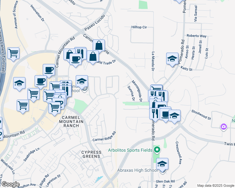map of restaurants, bars, coffee shops, grocery stores, and more near 14811 Summerbreeze Way in San Diego
