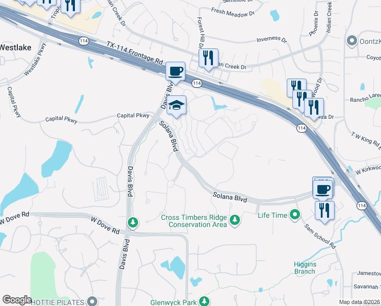 map of restaurants, bars, coffee shops, grocery stores, and more near 73 Cortes Drive in Westlake