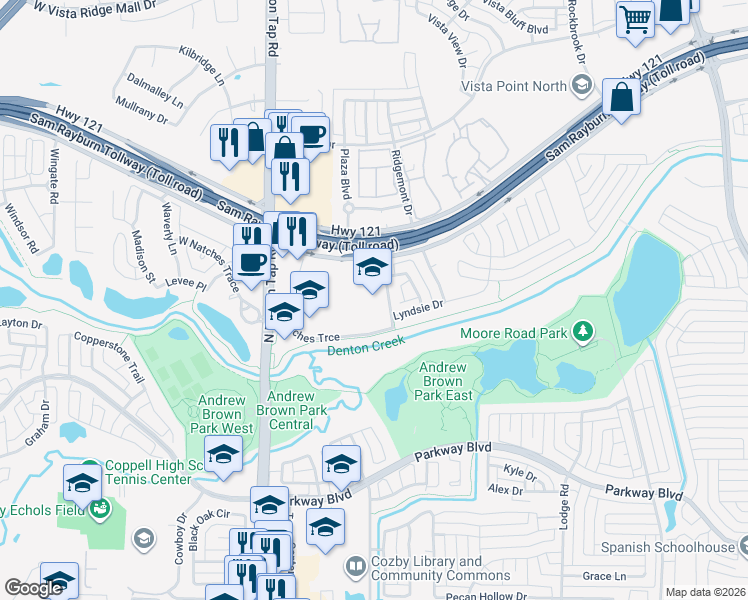 map of restaurants, bars, coffee shops, grocery stores, and more near 250 Natches Trace in Coppell