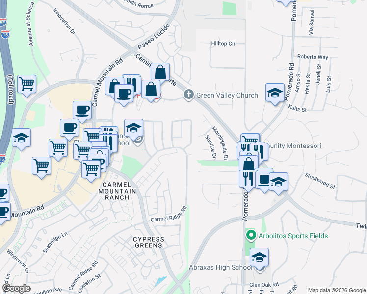 map of restaurants, bars, coffee shops, grocery stores, and more near 14799 Summerbreeze Way in San Diego