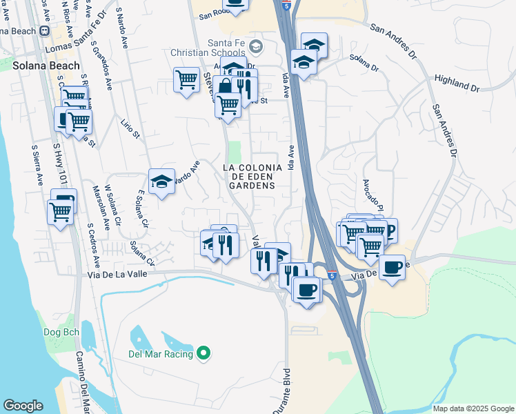 map of restaurants, bars, coffee shops, grocery stores, and more near 854 Valley Avenue in Solana Beach