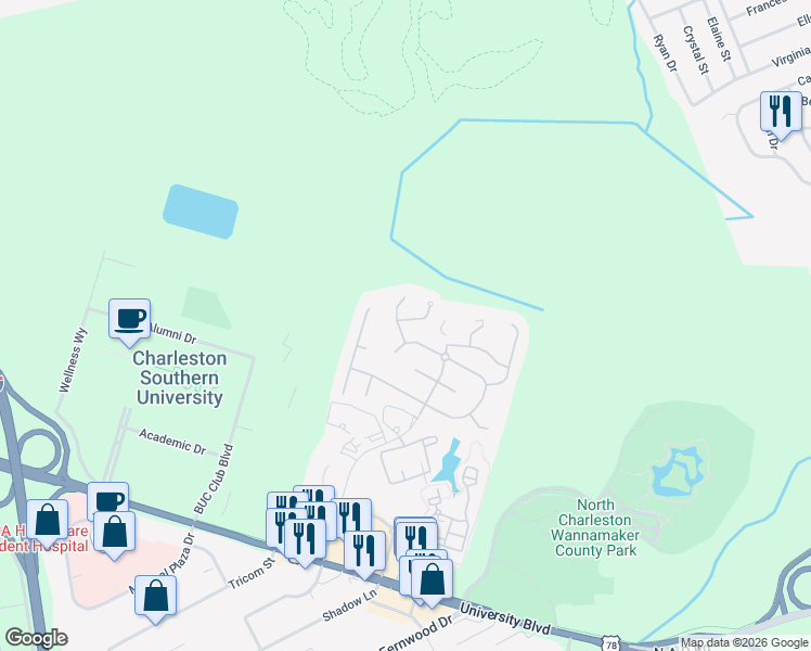 map of restaurants, bars, coffee shops, grocery stores, and more near 9136 Delancey Circle in North Charleston