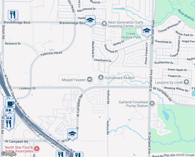 map of restaurants, bars, coffee shops, grocery stores, and more near 1401 West Campbell Road in Garland
