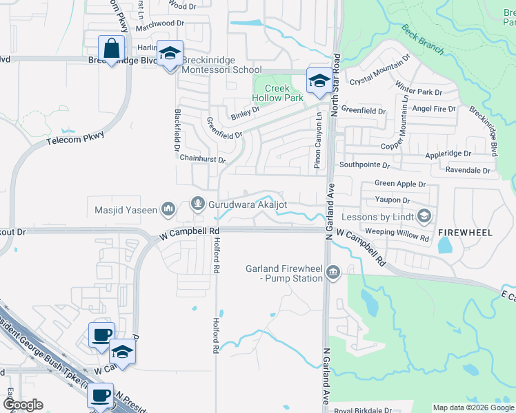 map of restaurants, bars, coffee shops, grocery stores, and more near 1211 Winding Brook Drive in Garland