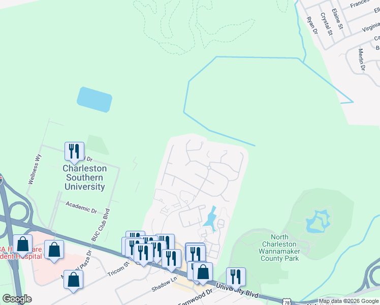 map of restaurants, bars, coffee shops, grocery stores, and more near 9136 Delancey Circle in North Charleston