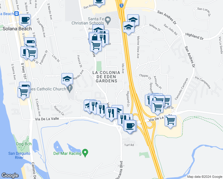map of restaurants, bars, coffee shops, grocery stores, and more near 838 Valley Avenue in Solana Beach
