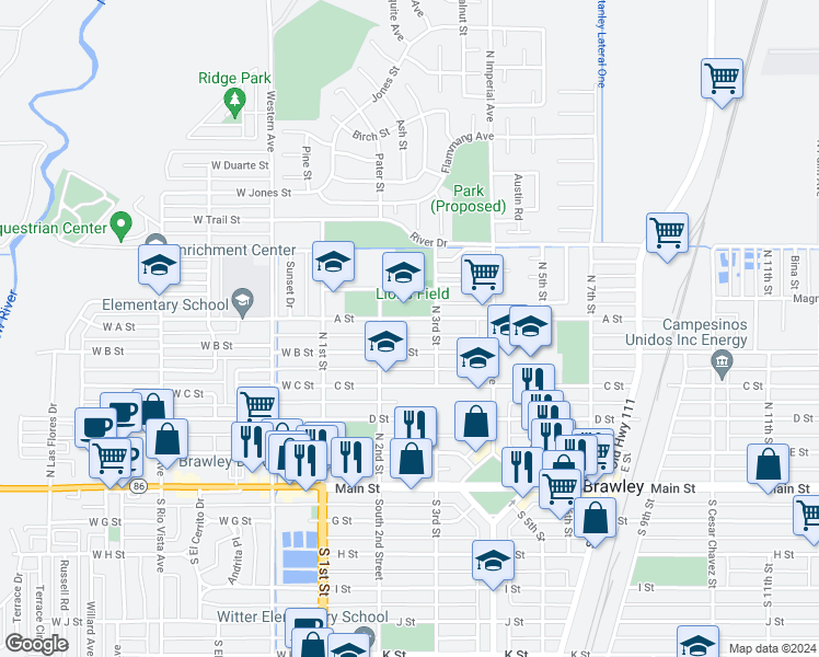 map of restaurants, bars, coffee shops, grocery stores, and more near 252 A Street in Brawley