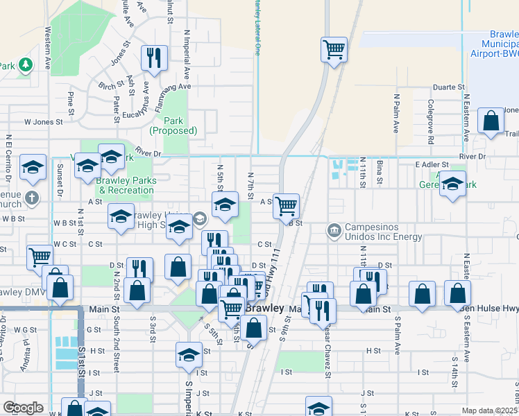 map of restaurants, bars, coffee shops, grocery stores, and more near 724 A Street in Brawley