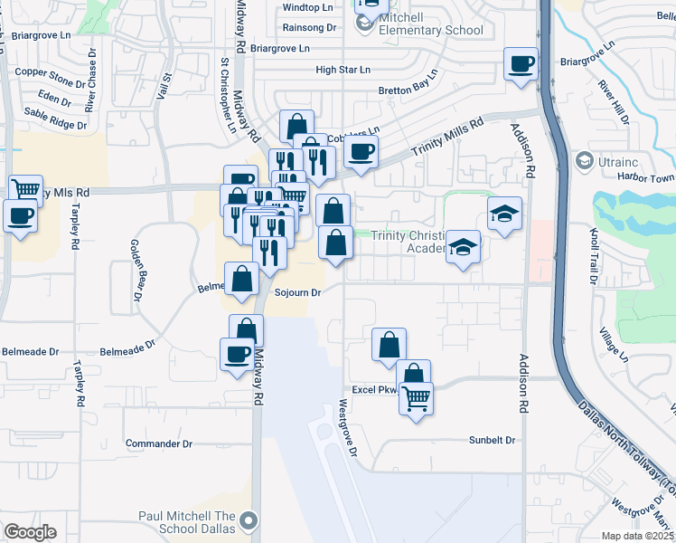map of restaurants, bars, coffee shops, grocery stores, and more near 17000 Westgrove Drive in Addison