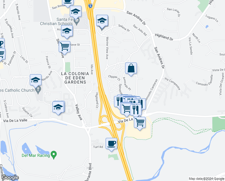 map of restaurants, bars, coffee shops, grocery stores, and more near 1035 Reliance Way in Del Mar