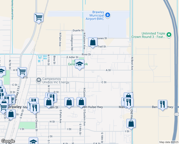 map of restaurants, bars, coffee shops, grocery stores, and more near 1522 A Street in Brawley