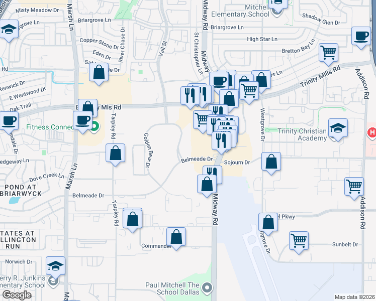 map of restaurants, bars, coffee shops, grocery stores, and more near 2508 Highlander Way in Carrollton