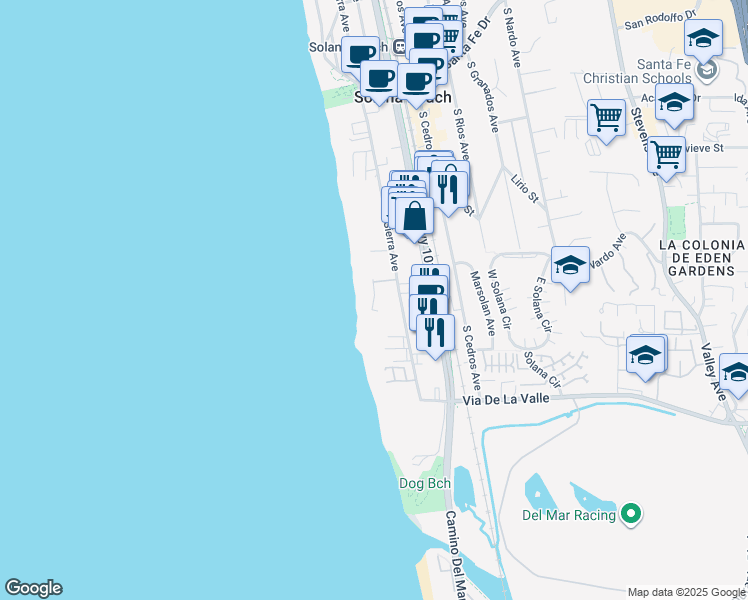 map of restaurants, bars, coffee shops, grocery stores, and more near 597 South Sierra Avenue in Solana Beach