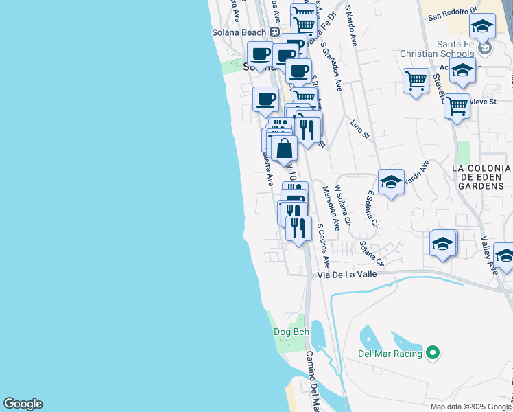 map of restaurants, bars, coffee shops, grocery stores, and more near 585 South Sierra Avenue in Solana Beach