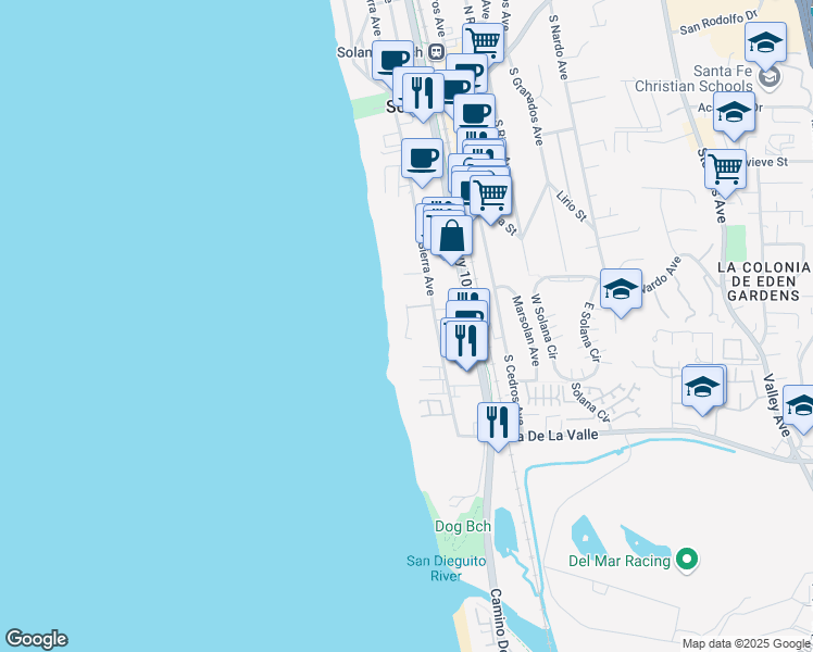 map of restaurants, bars, coffee shops, grocery stores, and more near 591 South Sierra Avenue in Solana Beach