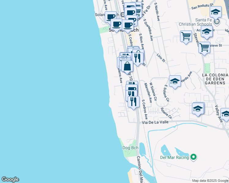 map of restaurants, bars, coffee shops, grocery stores, and more near 597 South Sierra Avenue in Solana Beach