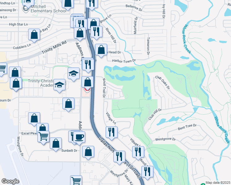 map of restaurants, bars, coffee shops, grocery stores, and more near 17250 Knoll Trail Drive in Dallas