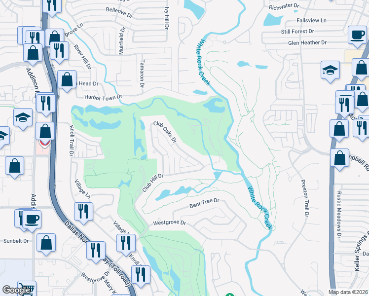 map of restaurants, bars, coffee shops, grocery stores, and more near 6011 Club Oaks Drive in Dallas