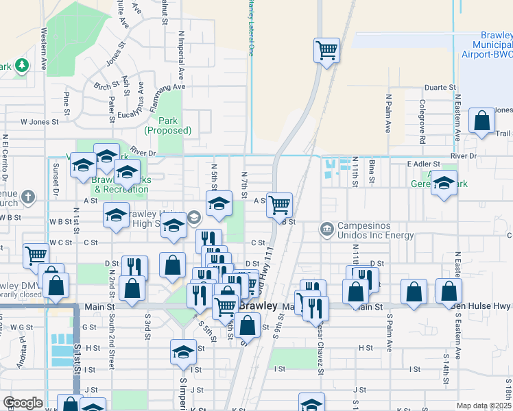 map of restaurants, bars, coffee shops, grocery stores, and more near 753 B Street in Brawley